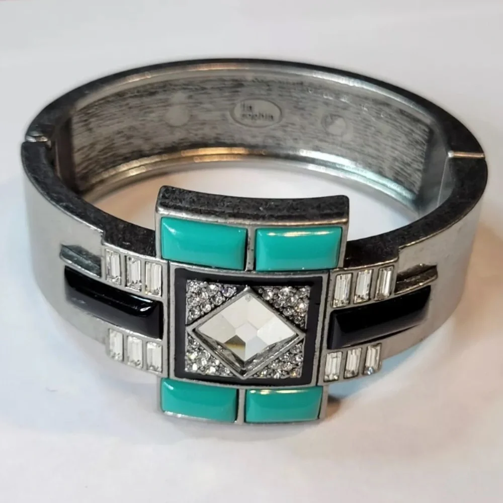 Art Deco Silver Bracelet NYE Party Statement Turquoise Red Carpet Retro NEW